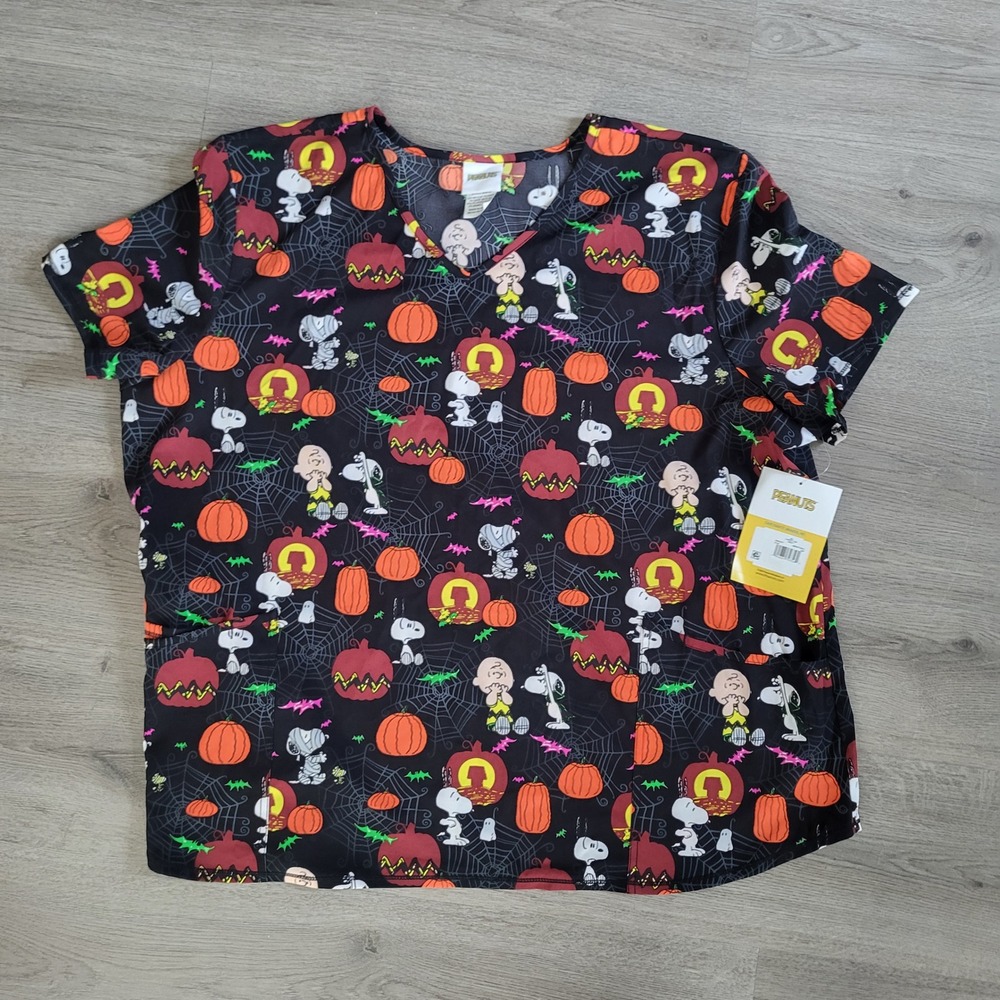 Peanuts Snoopy Halloween Scrub Top Womens 3XL Black Pumpkin Charlie Brown NWT